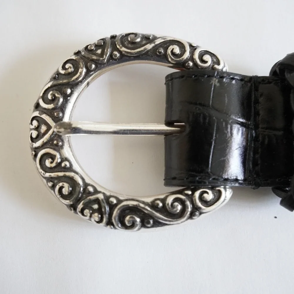 Brighton Leather Belt Womens 32 M Black Silver Buckle Braided Statement